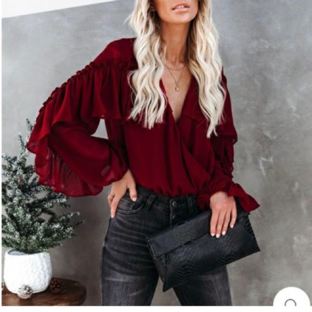 Vici ruffle drape bodysuit in maroon/burgundy/dark red. New with tags.